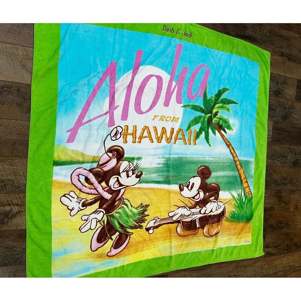 Vintage Disney Mickey & Minnie Aloha From Hawaii Beach Towel 90s Made in‎ Taiwan
